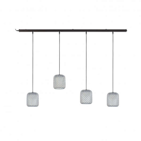 Ensemble de 4 luminaires décoratifs suspendus à un rail conçu pour être installé en extérieur . Ces suspensions sont particulièrement tendances. Lumière chaleureuse de 2400°K ( jaune )