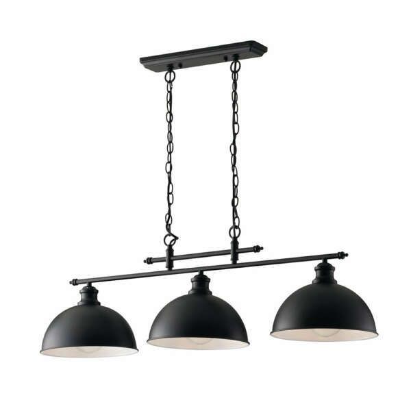 Lustre suspension charleston en métal noir à trois lumières et intérieur blanc