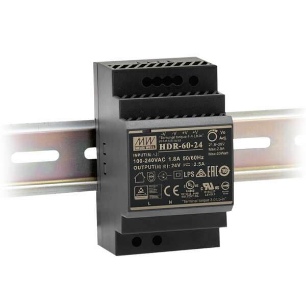 Driver rail din ultra-mince 24v 60w 2,5a entrée ac85-264v dc120-370v 5,25x9x5,45cm