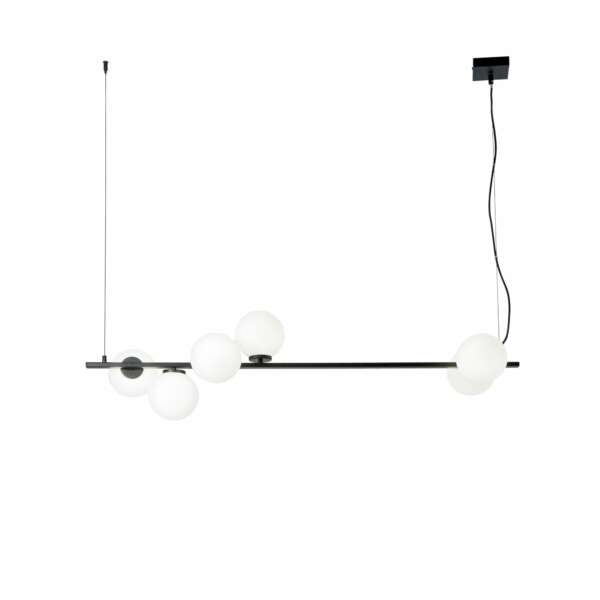 Lampe à suspension enoire en métal noir avec diffuseurs en verre blanc de 120 cm