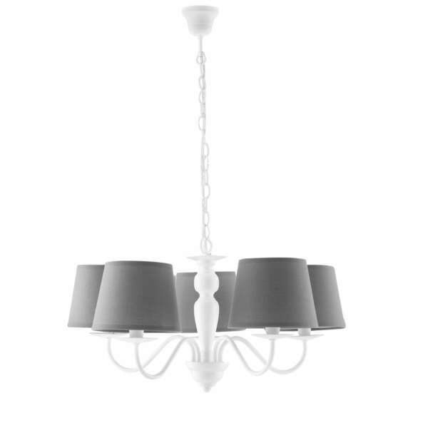 Lustre favola en métal blanc avec cinq abat-jour en tissu gris