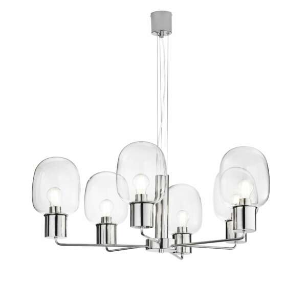 Lustre suspension fellini en métal chromé avec six diffuseurs en verre