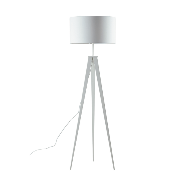 Lampadaire ibis trois pieds en métal avec abat-jour en tissu blanc