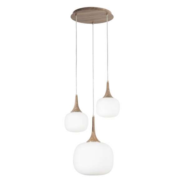 Lampe à suspension jaipur en métal couleur bois et trois diffuseurs en verre blanc