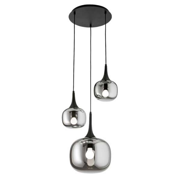 Lampe à suspension jaipur en métal noir et trois diffuseurs en verre fumé