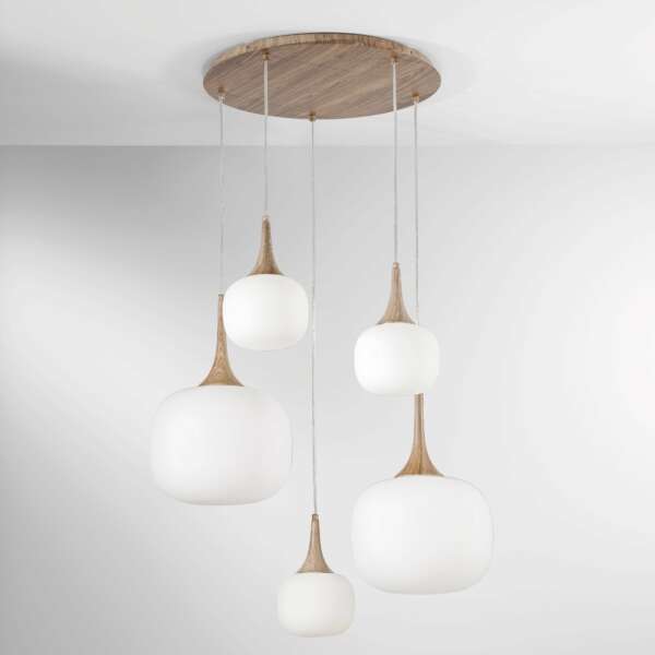 Lampe à suspension jaipur en métal couleur bois et cinq diffuseurs en verre blanc – Image 2