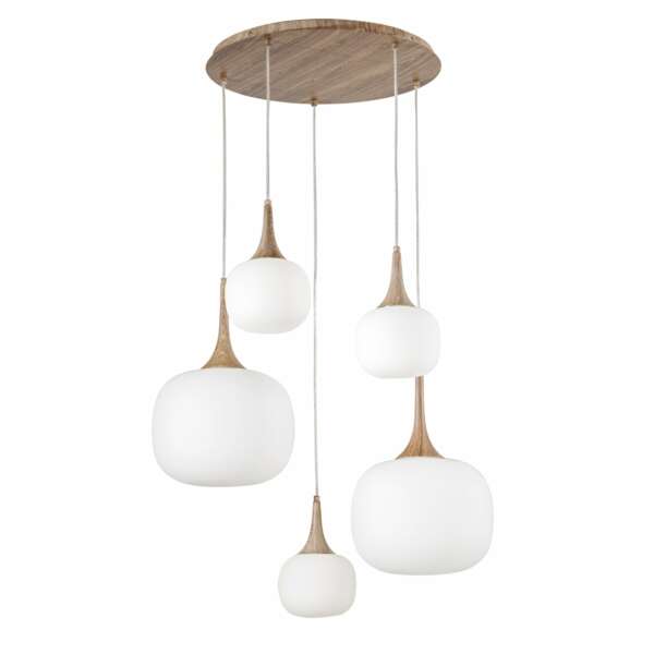 Lampe à suspension jaipur en métal couleur bois et cinq diffuseurs en verre blanc