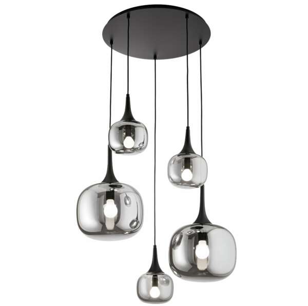 Lampe à suspension jaipur en métal noir et cinq diffuseurs en verre fumé