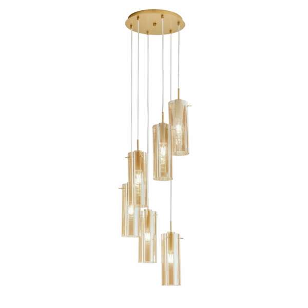 Lampe à suspension magic en métal doré avec six diffuseurs en verre ambré