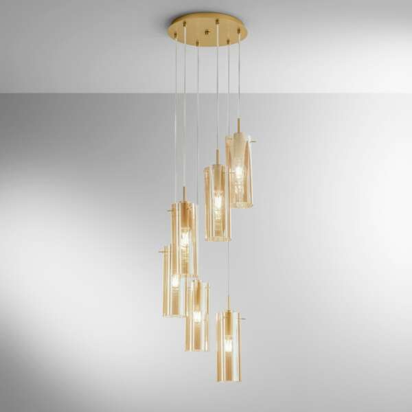 Lampe à suspension magic en métal doré avec six diffuseurs en verre ambré – Image 2