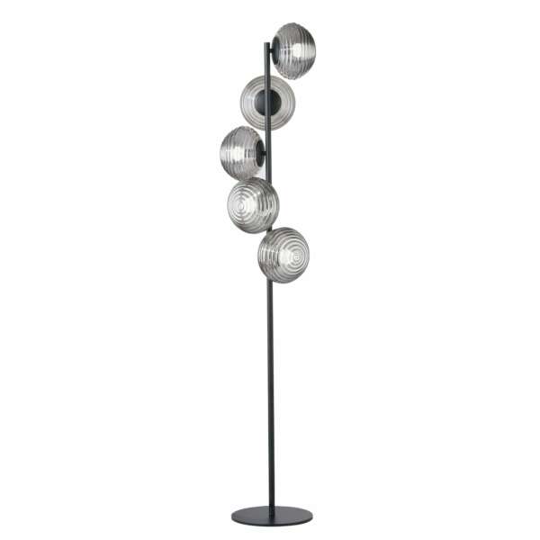 Lampadaire ripple en métal noir avec cinq diffuseurs en verre fumé 160 cm