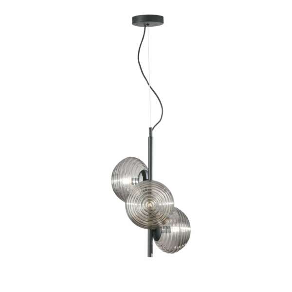 Lampe à suspension ripple en métal noir avec trois diffuseurs en verre fumé 165x32,5 cm