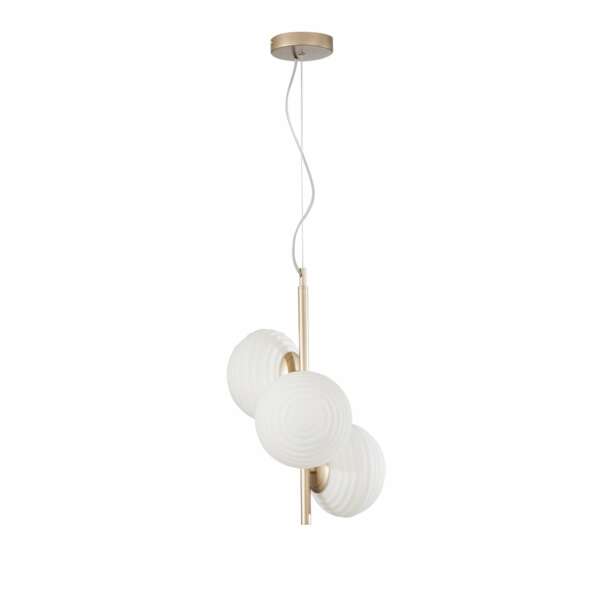 Lampe à suspension ripple en métal doré avec trois diffuseurs en verre blanc 165x32,5 cm