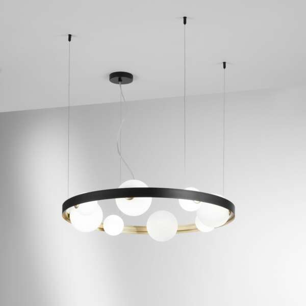 Lampe à suspension Sonetto avec structure en aluminium noir et doré avec huit diffuseurs en verre – Image 2