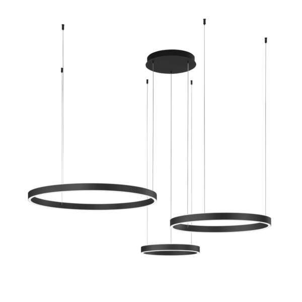 Suspension LED noire avec 3 anneaux métalliques double émission et diffuseur en silicone 180w 80cm 60cm 40cm