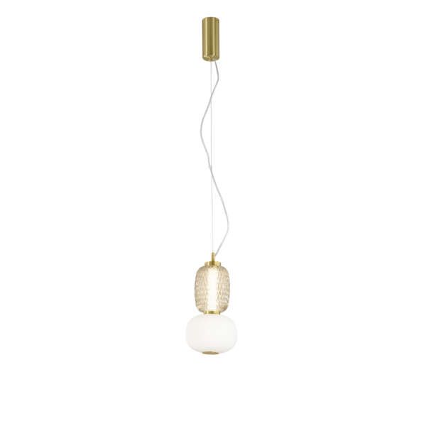 Lampe à suspension totem doré 2 verres transparents avec LED opale intégrée 16w 3000k 1500mm